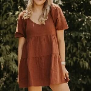 Billabong Fall For Ya Babydoll Dress Mocha L Slub Cotton Tiered Mini Casual Boho